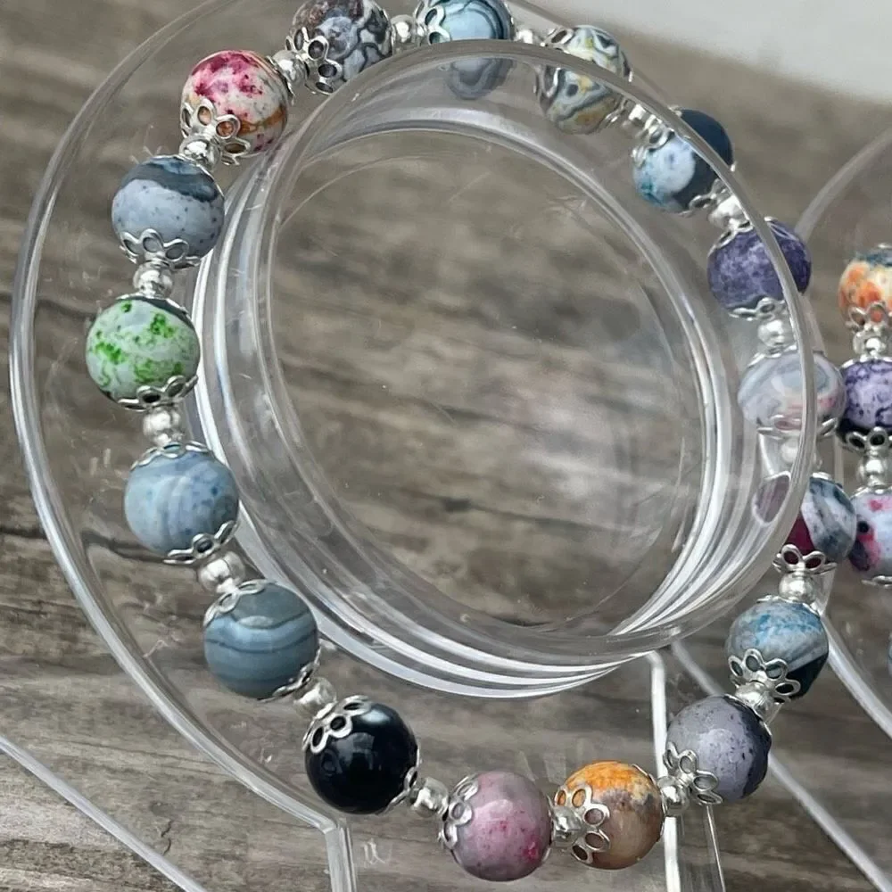 Colorful orca stretch bracelet silver tone black blue pink beads beaded NEW dyed